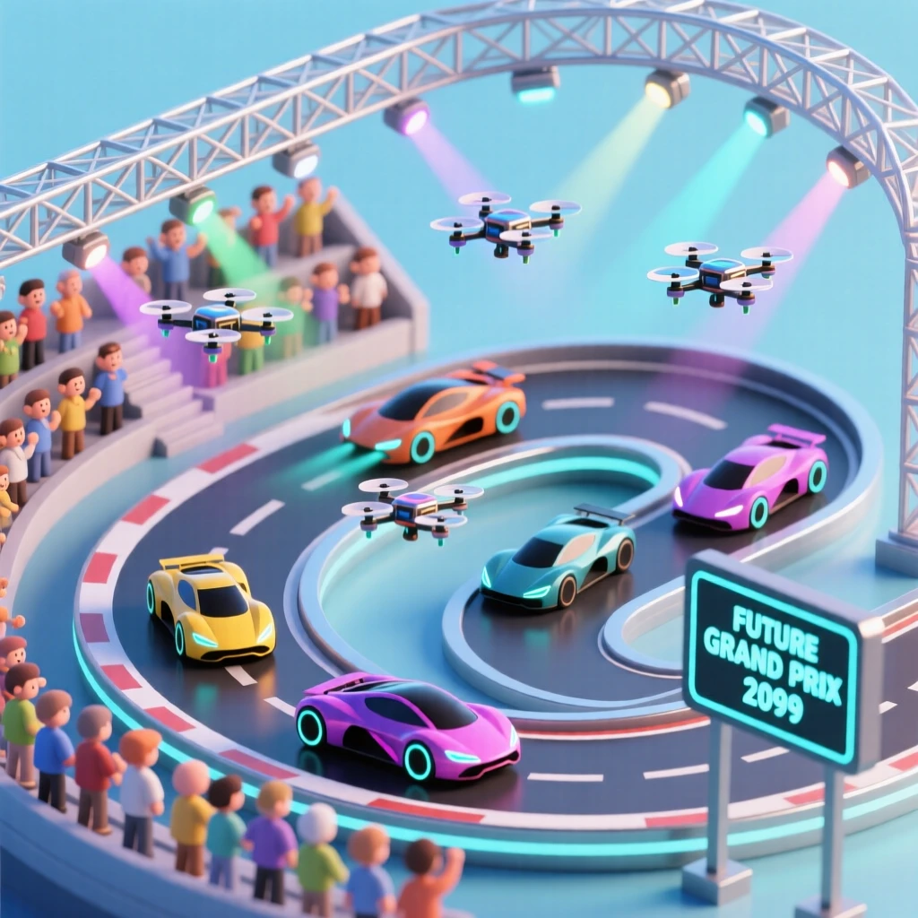 A futuristic race track with hover cars zooming past cheering crowds beneath a canopy of drone-mounted lights.