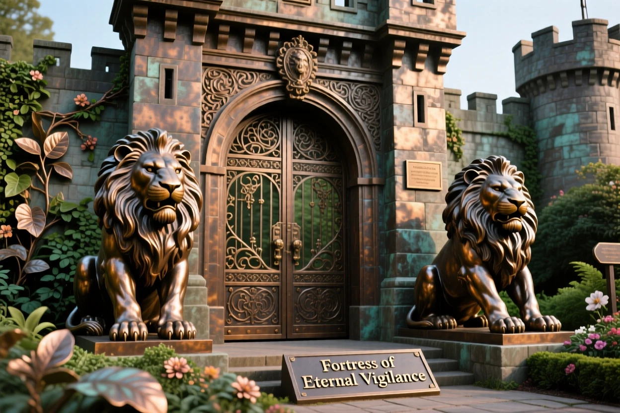 A majestic fortress gate flanked by towering stone lions, surrounded by lush, verdant gardens, exuding timeless grandeur
