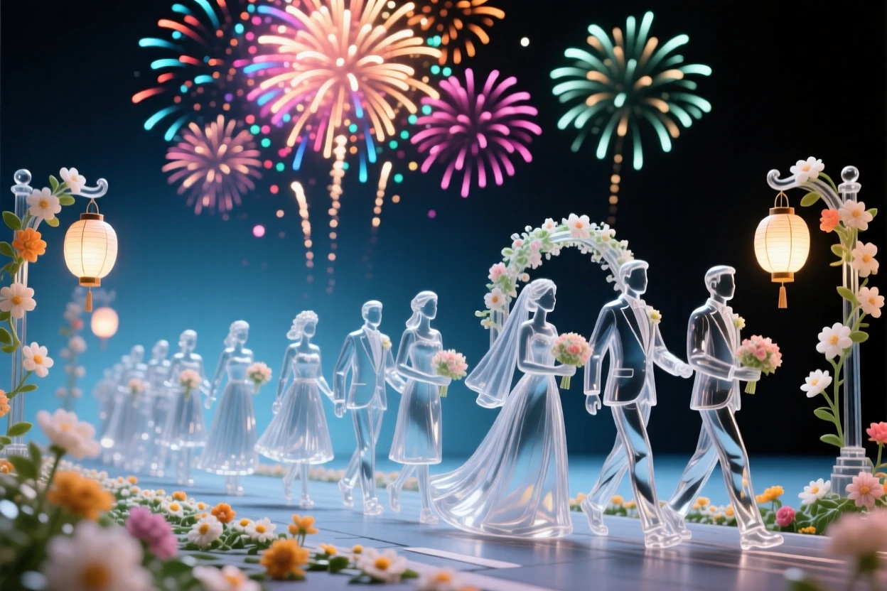 As fireworks burst in bright colors overhead, a wedding procession moving through a flower-strewn street, while lanterns rise slowly into the night sky