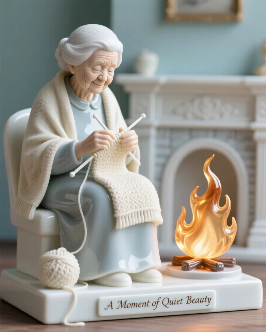 An everyday moment of quiet beauty: a grandmother knitting by a warm fire, radiating simple, honest beauty.