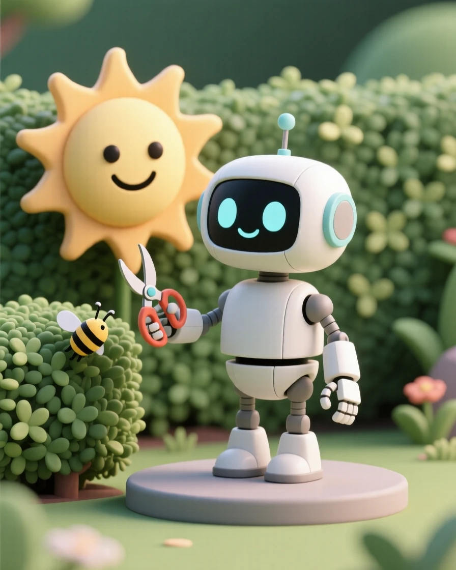 A cheerful robot gardener trims a hedge shaped like a smiling sun using tiny buzzing clippers.