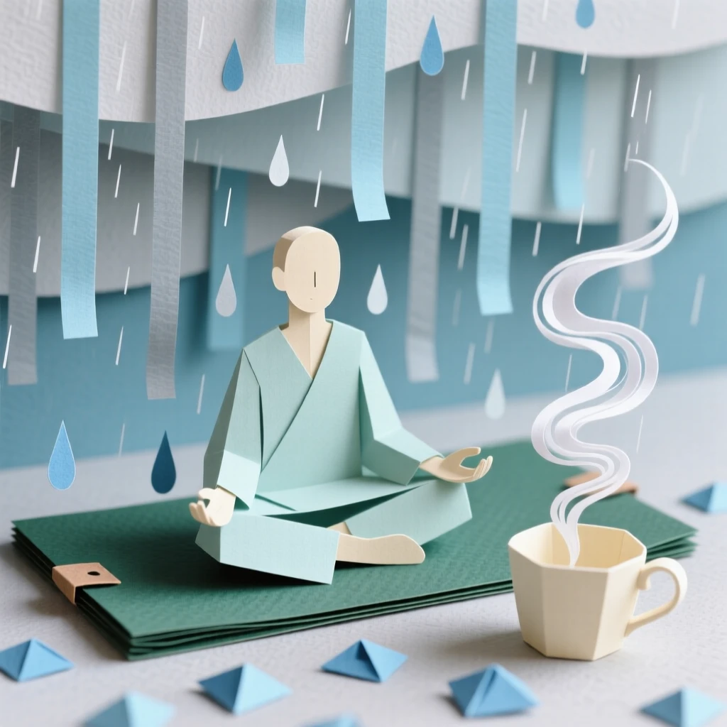 A peaceful morning yoga session framed by gentle falling rain, with steam rising gently from a warm drink, capturing simple everyday beauty.