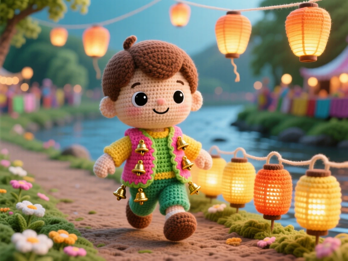 a small boy wearing a festival vest with small bells, for a spring parade, is shown jingling happily with each step in a riverside path lit with floating lanterns beside a row of glowing lanterns lining the path, capturing heartfelt togetherness during a special gathering.