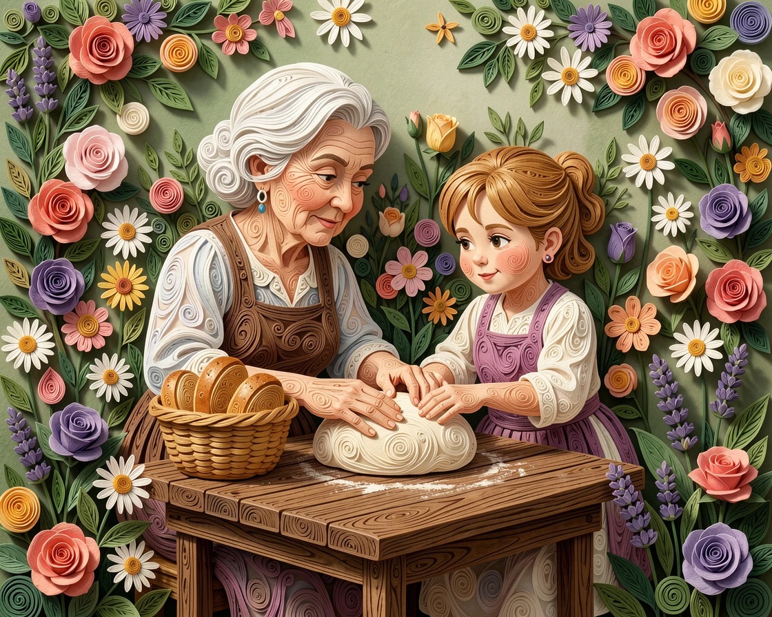 a grandmother teaching her granddaughter to bake bread, in a lush backyard garden in full bloom, shown from a gentle, heartfelt eye-level perspective, with soft shadows adding quiet intimacy.