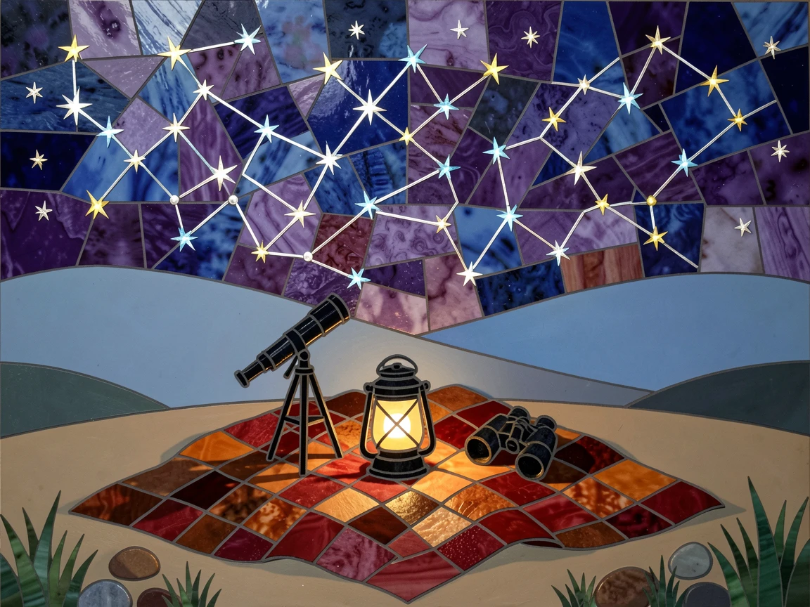 A stargazing scene with a blanket laid out under a brilliant night sky, with soft warm lighting and an inviting, peaceful atmosphere.