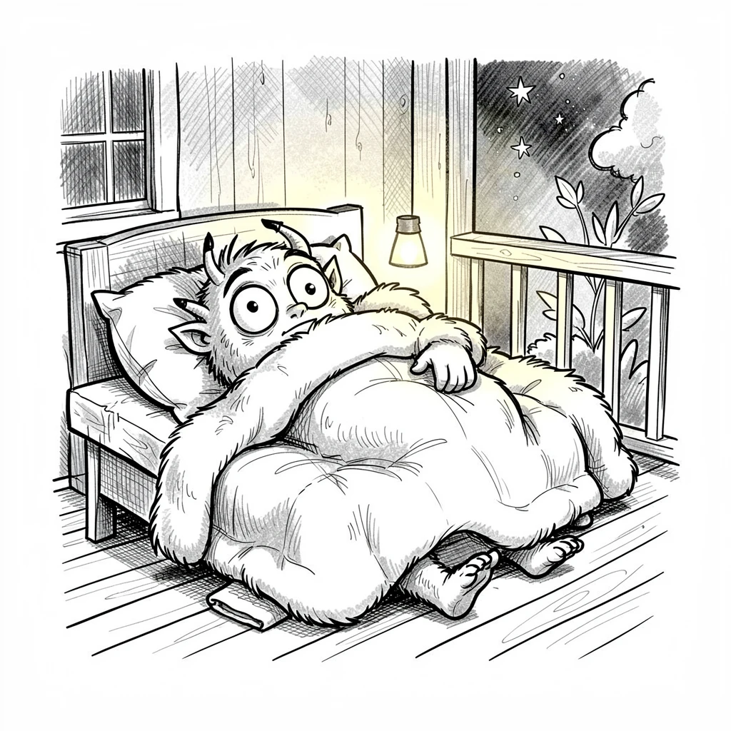 A monster tucked into bed with a nightlight glowing on a porch during a summer evening.