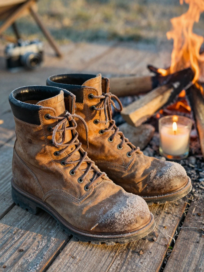 A hiker's boots resting beside a crackling campfire, under flickering candlelight, with frost coating every surface, in the height of summer, in warm honey and cream tones, in a tight close-up.