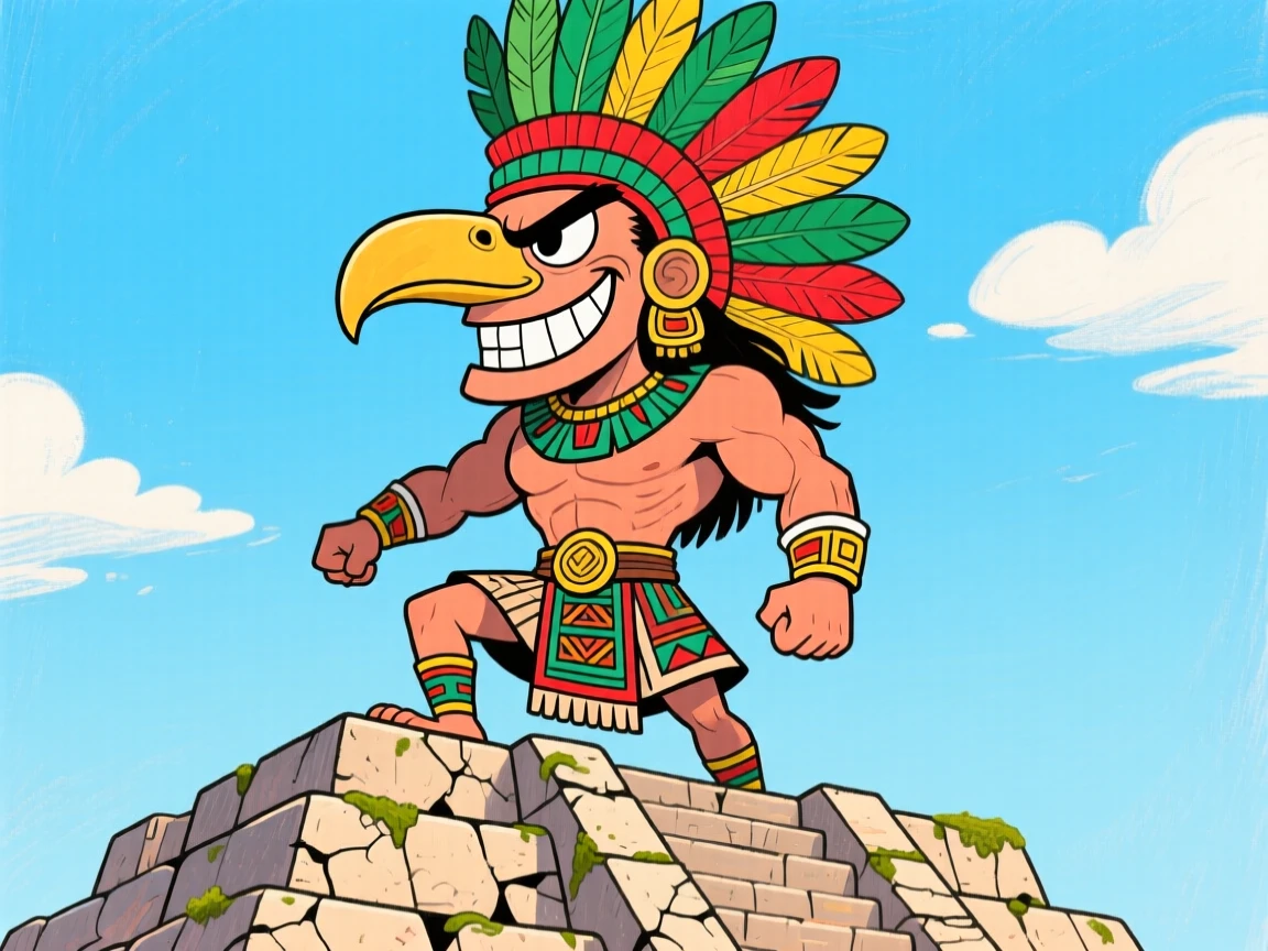 An ancient Aztec warrior in feathered headdress standing atop a stone pyramid.