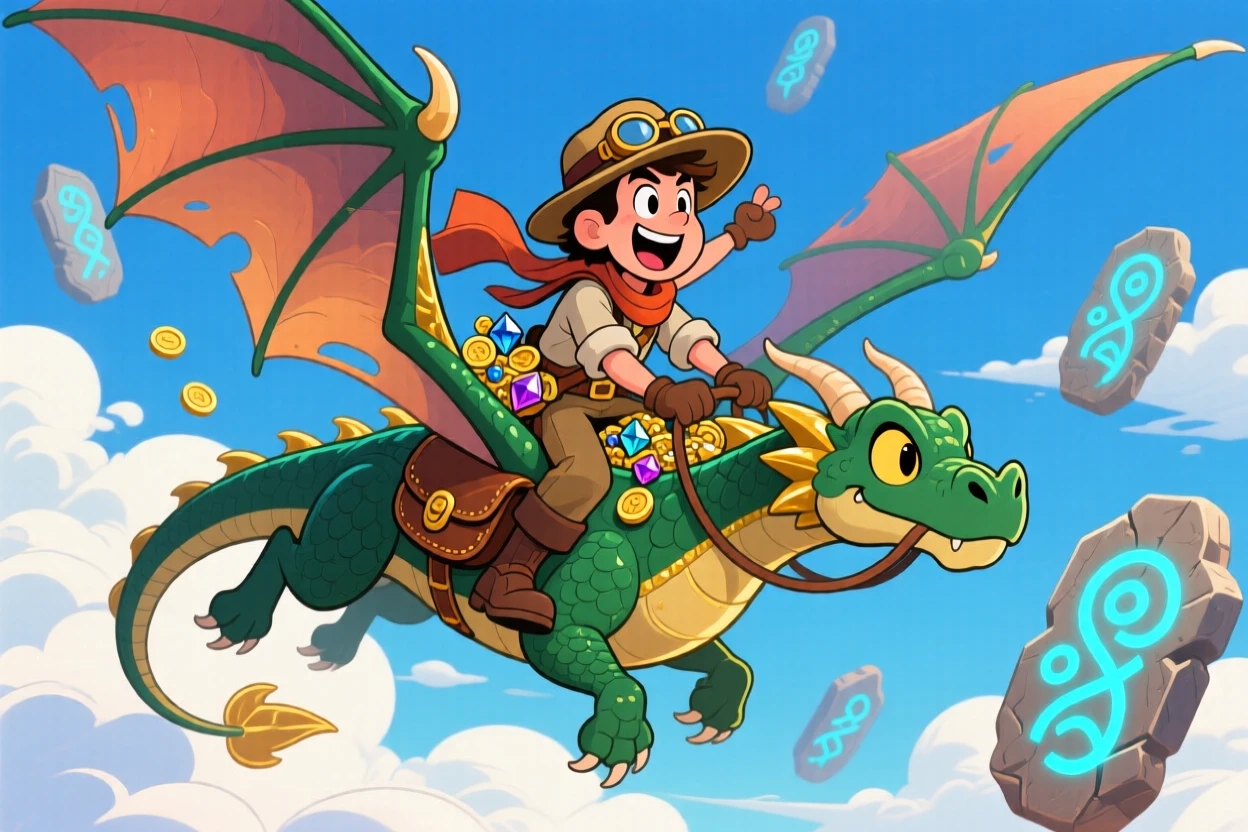An imaginative fantasy scene of a fearless treasure hunter soaring above the clouds on the back of a magnificent dragon, as ancient runes glow softly nearby.