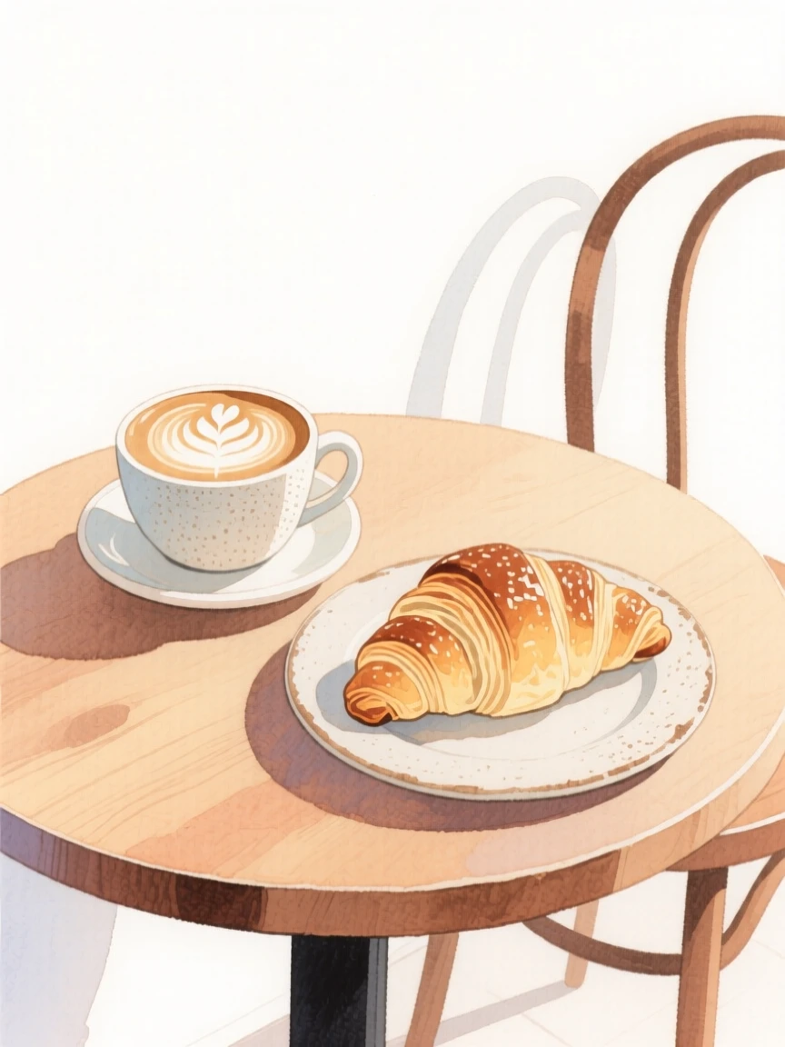 A cozy, appetizing, soft and dreamy scene of a cozy café corner with a latte and a croissant on a wooden table