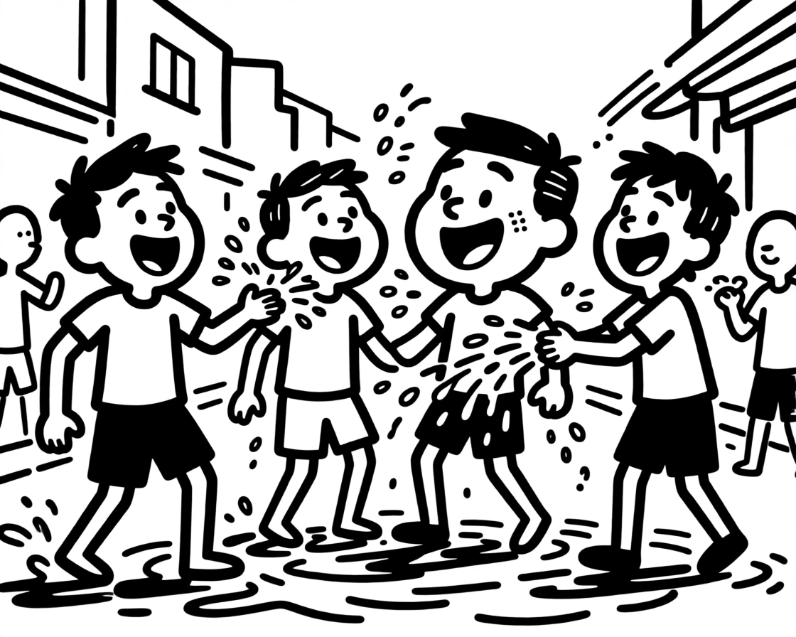 A joyful Songkran water festival with friends splashing each other in a sunny street.