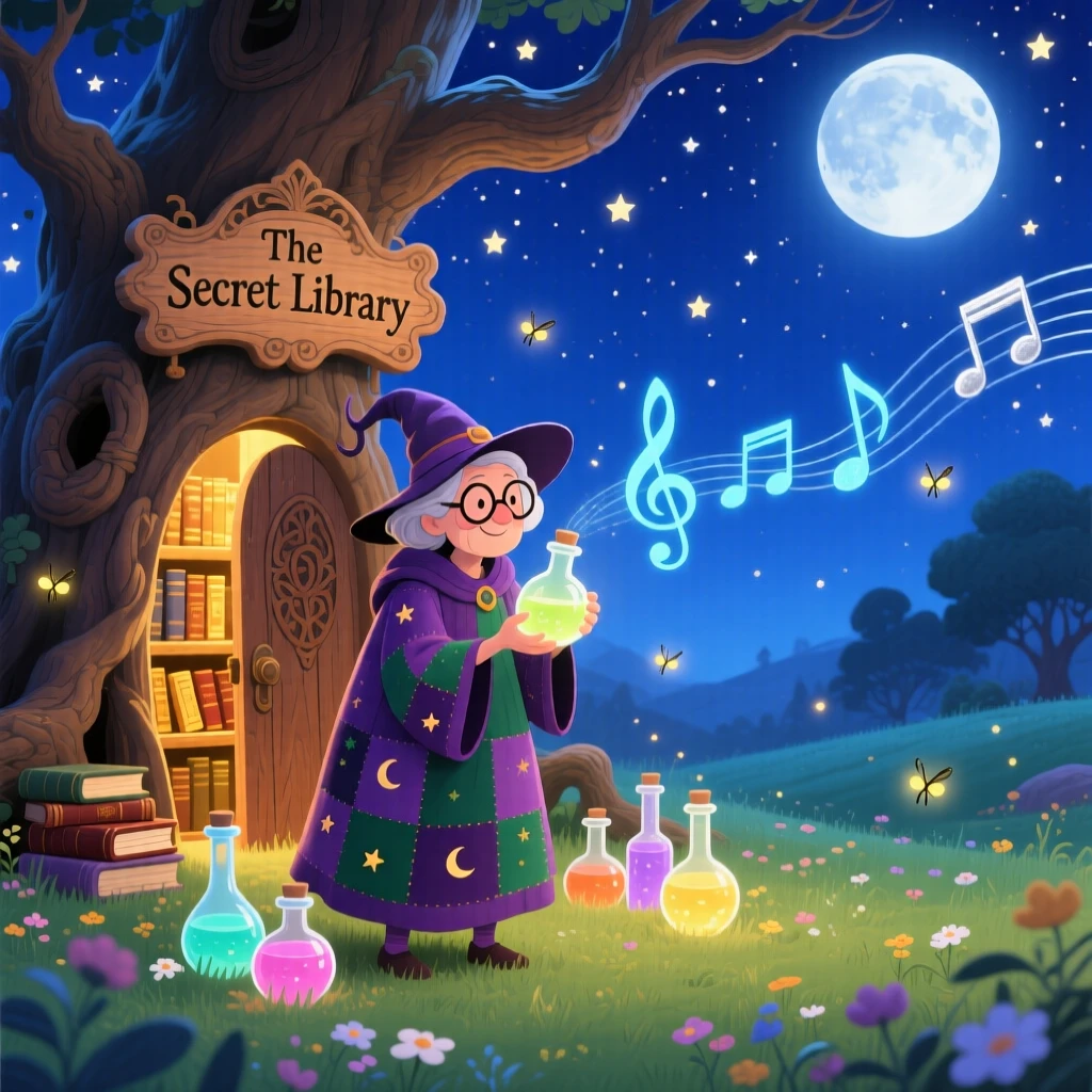In a moonlit meadow, a kind witch with a garden of potions discovers a moment of wonder while discovering a hidden library inside a giant oak, while gentle music seems to hum from the trees.