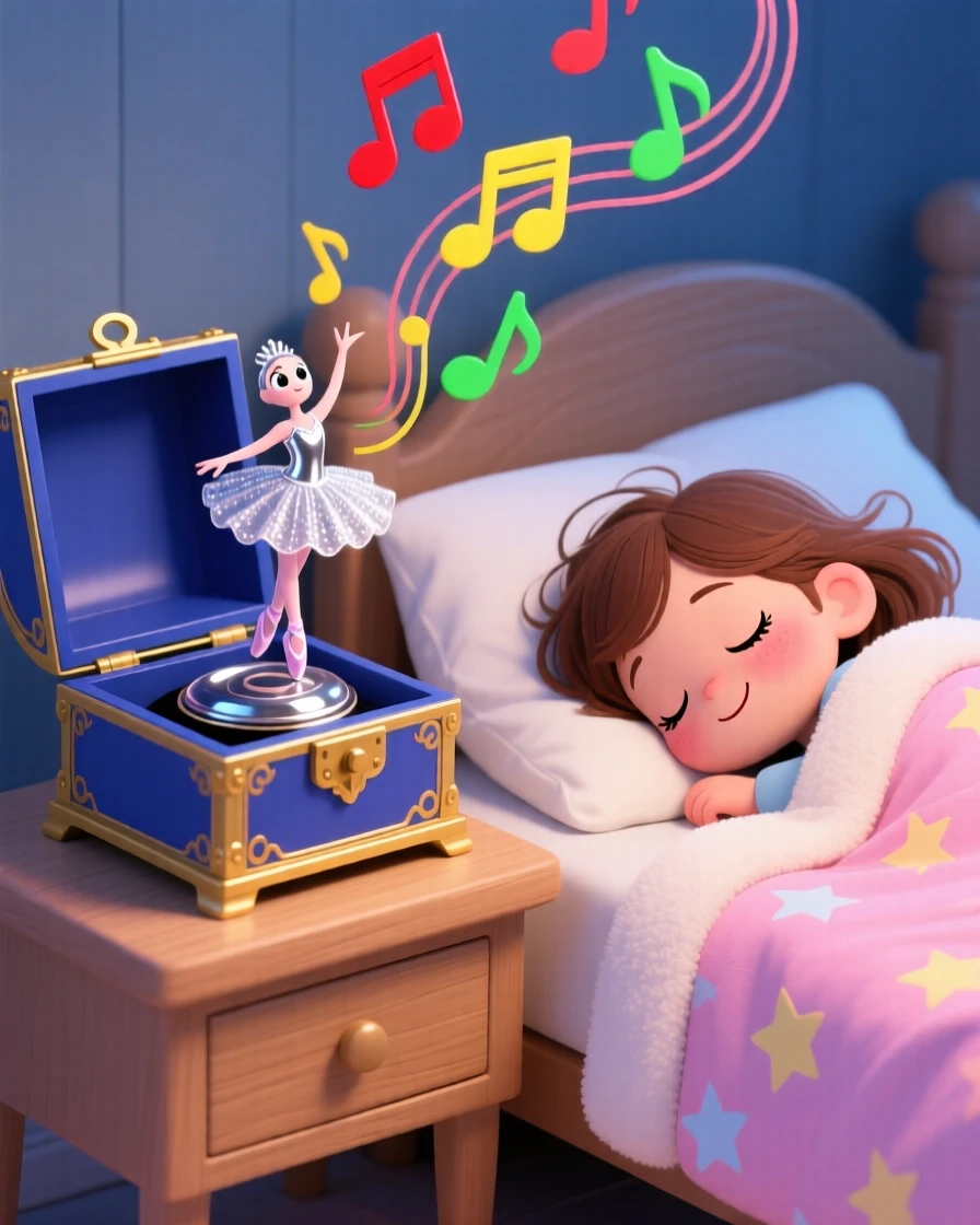 A music box open and playing beside a sleeping child.