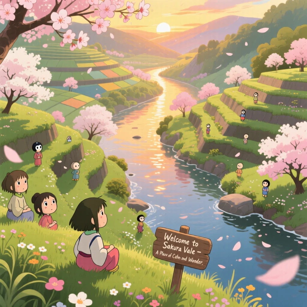 A breathtaking view of a cherry-blossom-lined riverbank, with gentle terraces stepping down toward a valley floor, at golden hour, shown from directly above like a patchwork quilt.