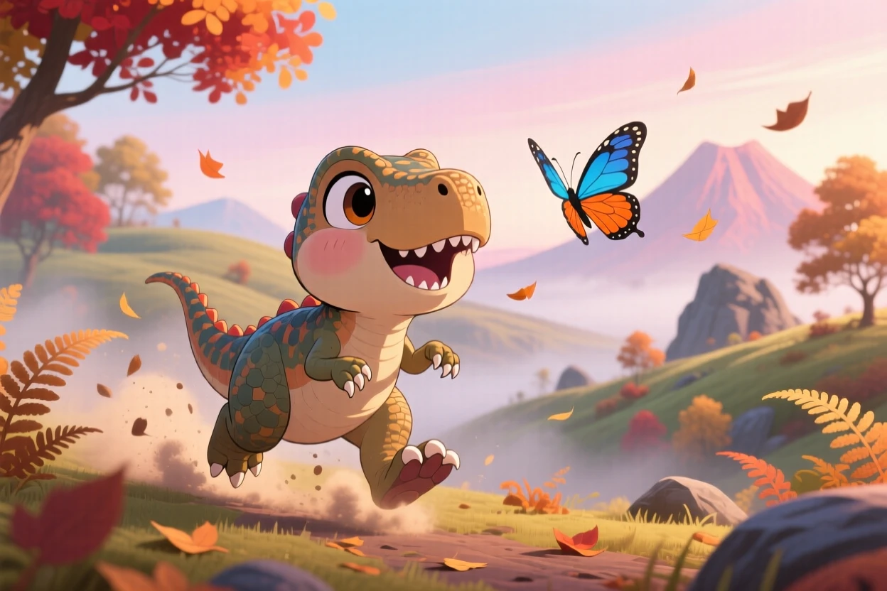 A friendly baby T-rex chasing a butterfly with tiny stomping steps in a misty prehistoric valley on a crisp autumn afternoon; soft pastel light of dawn washes over the scene as eager anticipation fills the moment. Full-body shot.