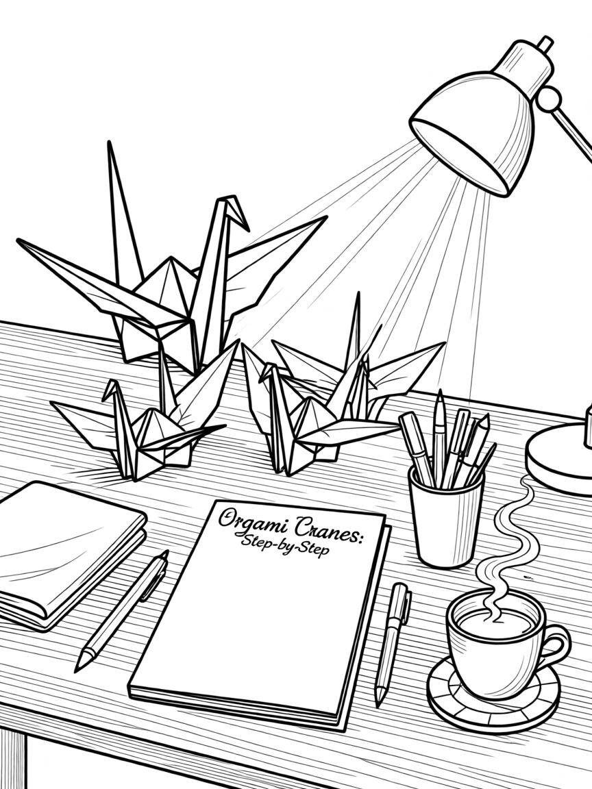 An origami crane resting on a folded paper crane flock, with warm light spilling across the workspace.