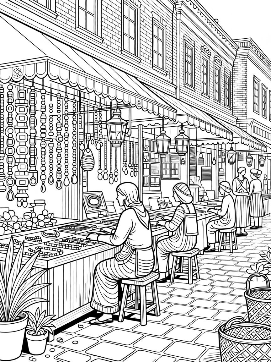 A beadwork market scene with colorful stalls.