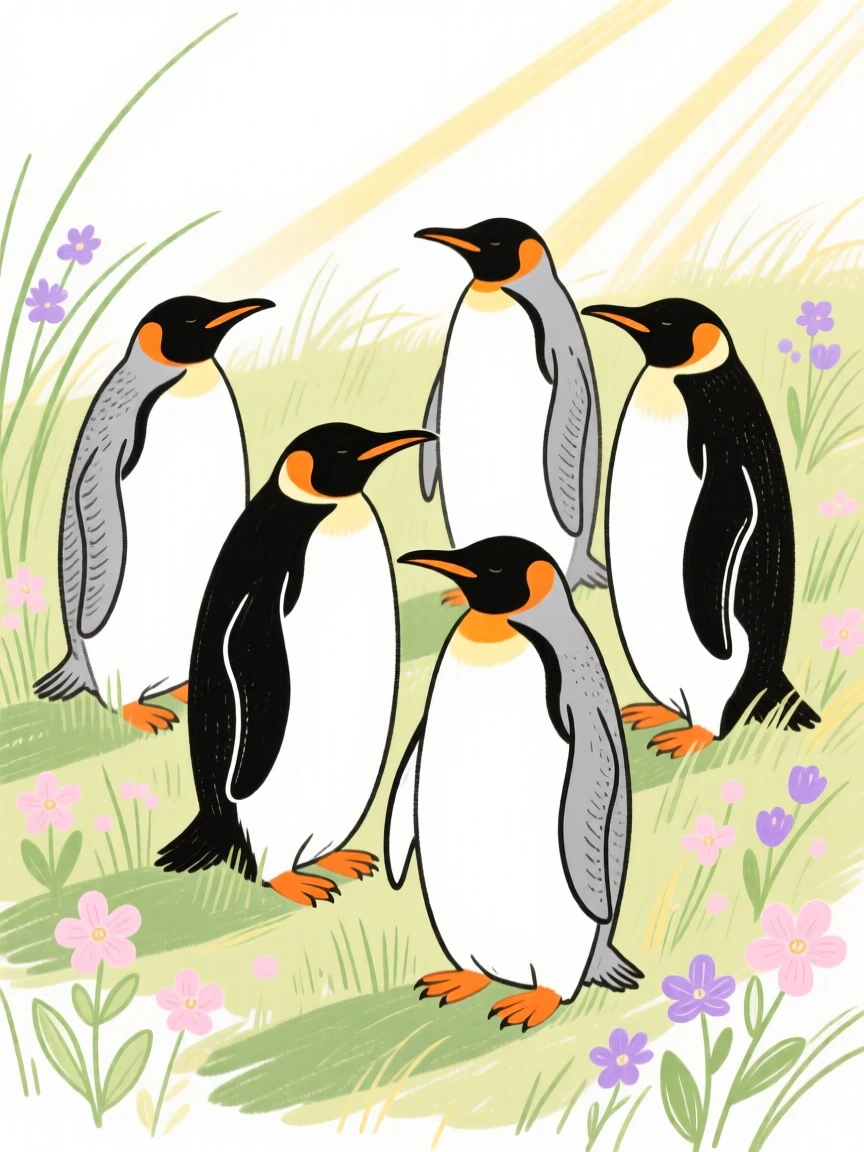 A group of penguins resting in a sunlit meadow in early spring.