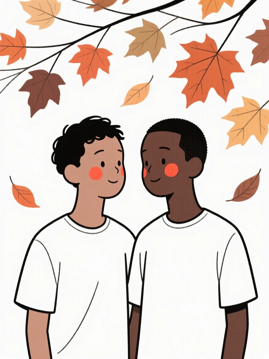 Twin brothers of Kenyan heritage, exuding gentle warmth, under a canopy of autumn leaves.