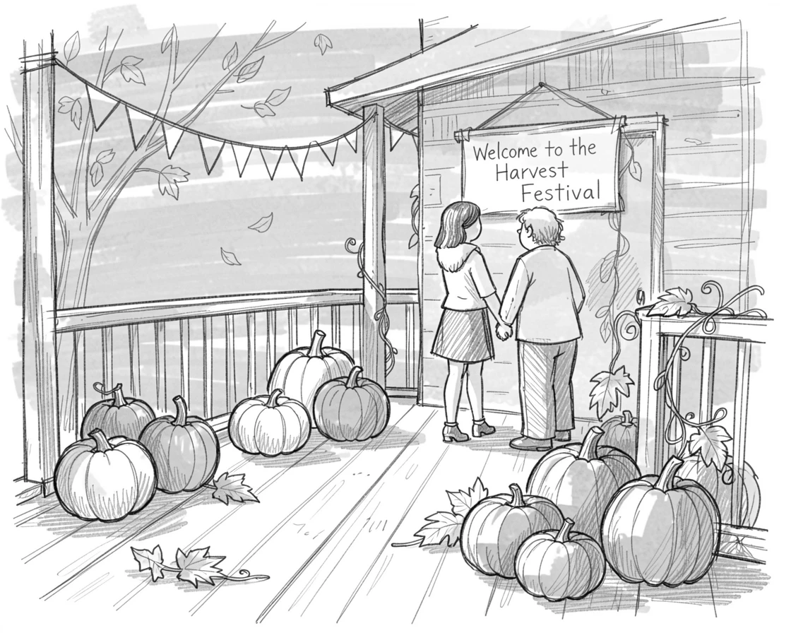 A festive scene of a pumpkin patch under a golden autumn sky on a decorated porch, with an atmosphere of celebration and togetherness.