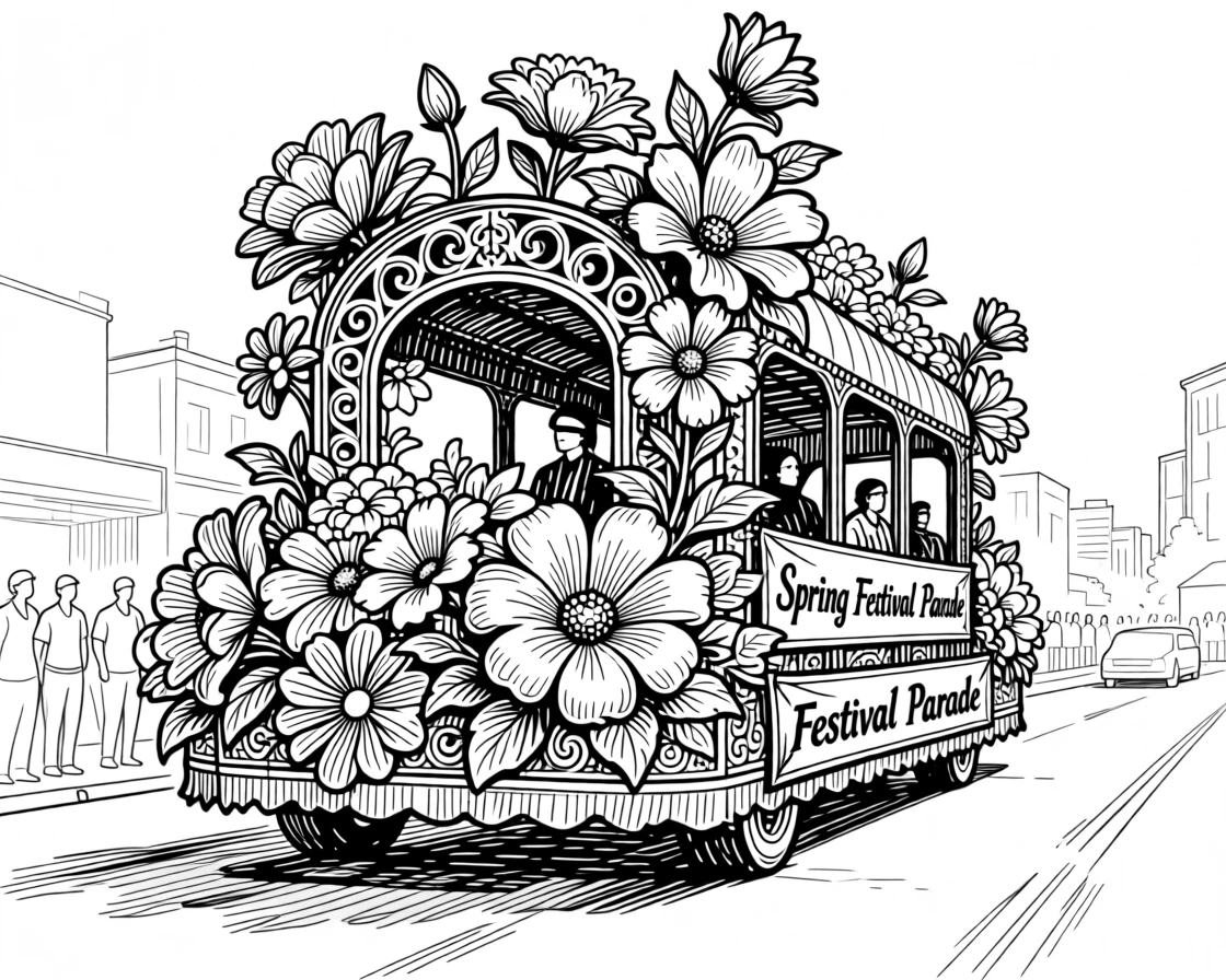 A festive parade float decorated with flowers gliding down a sunny street.