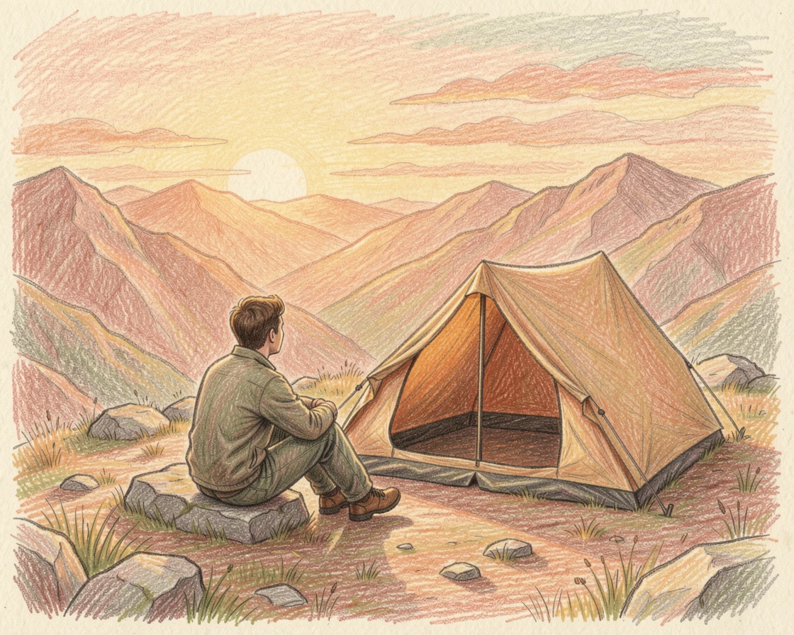 A lone camper watching the sunrise from a mountaintop tent, bathed in the warm glow of golden-hour light, radiating comfort, joy, and quiet beauty.
