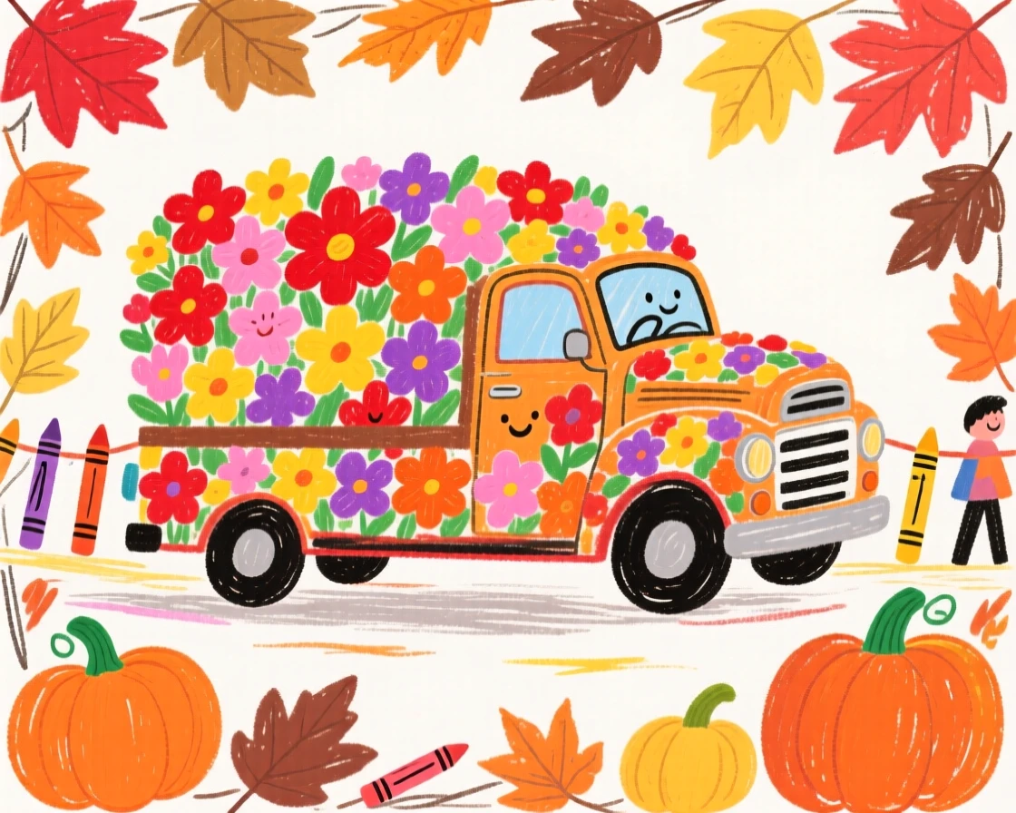 A parade float covered in flowers framed by autumn leaves and pumpkins.