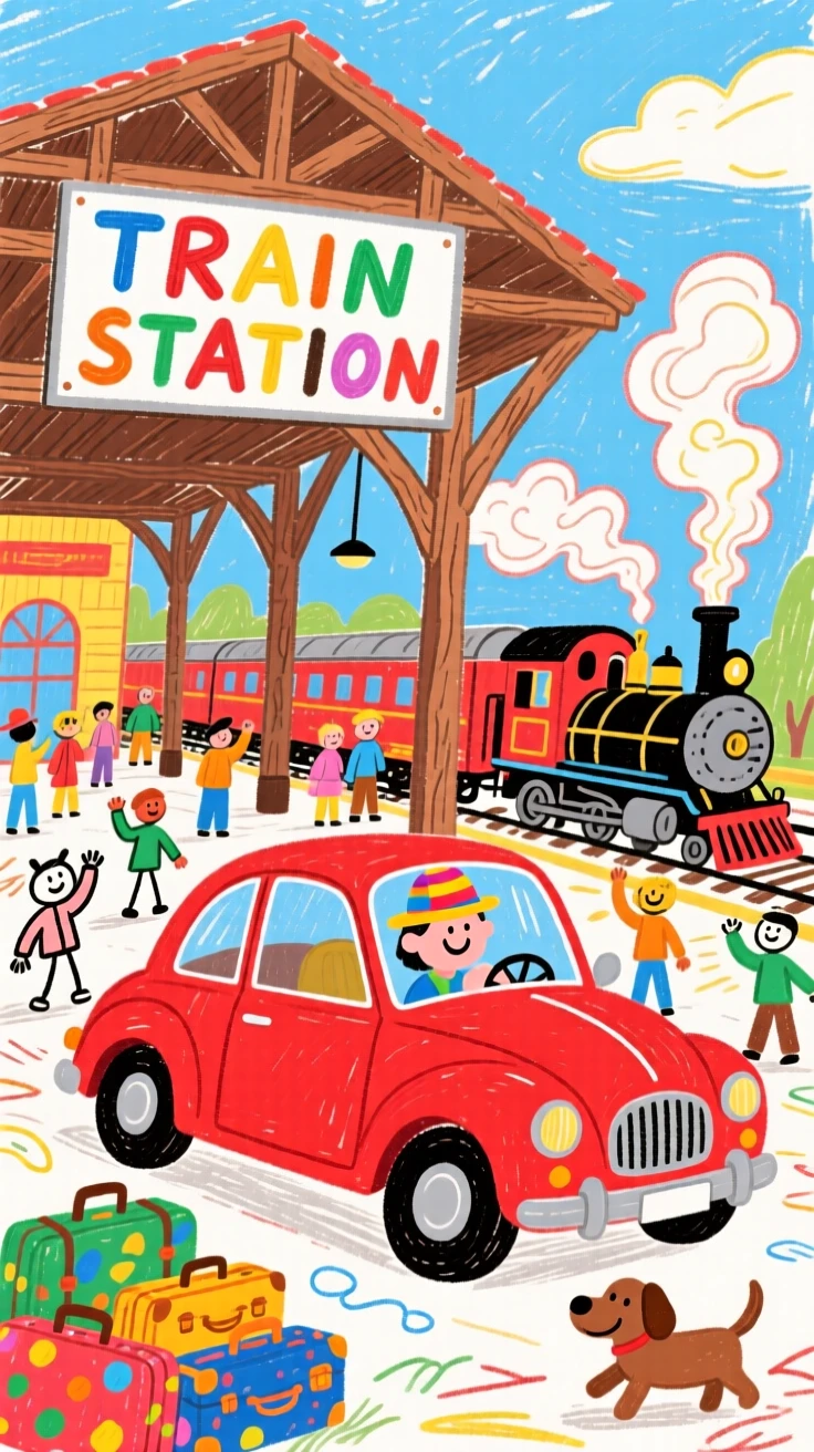 A vintage red convertible loading up at a bustling train station.