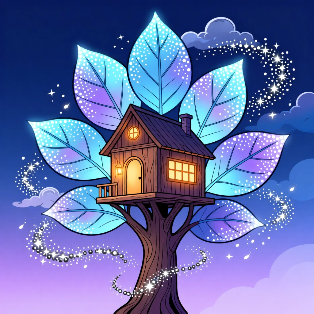 A magical treehouse glowing warmly among giant luminescent leaves, surrounded by swirling clouds of shimmering stardust, composed with a dreamlike, ethereal atmosphere, with subtle magical particles drifting through the air.