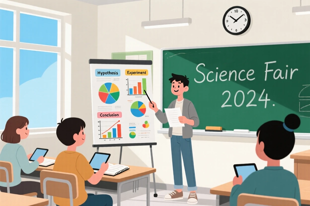 A student presenting a science project to classmates in a bright classroom.