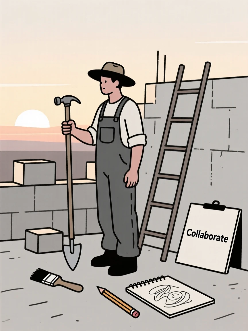 A focused farmer at dawn working at a construction site, surrounded by art supplies and sketches, expressing collaborative energy.