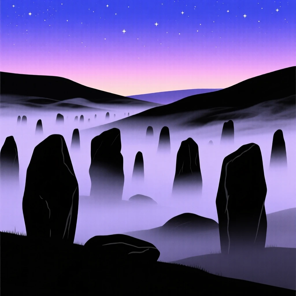 A dense fog rolling slowly through a valley of ancient standing stones.