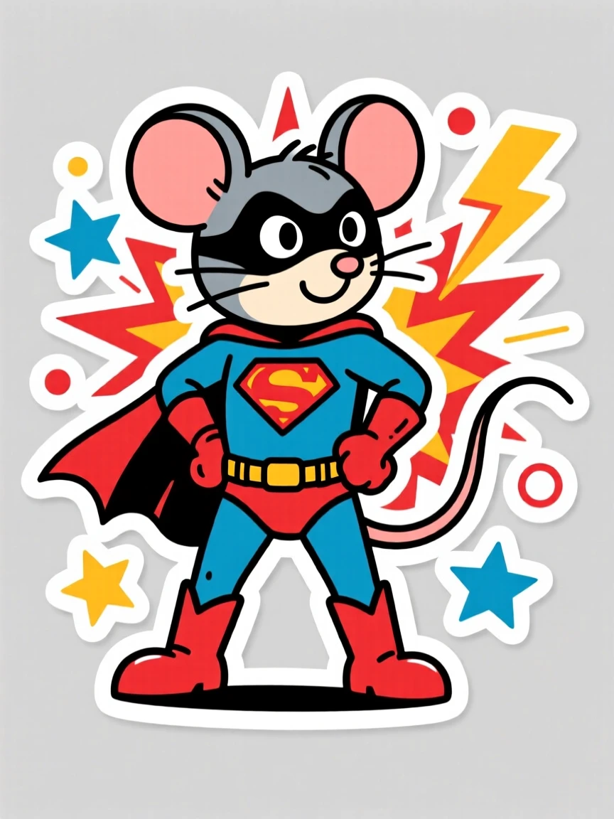 A playfully retro masked superhero mouse striking a heroic pose, striking a confident heroic pose, in a scene bursting with energy and color.