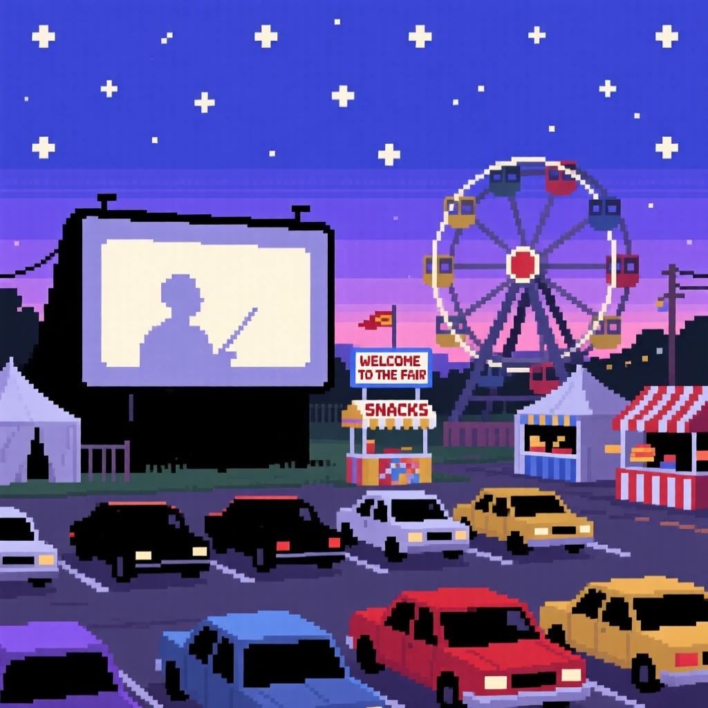 A drive-in movie theater at dusk set against a sky full of stars, at a small-town fair with a ferris wheel.