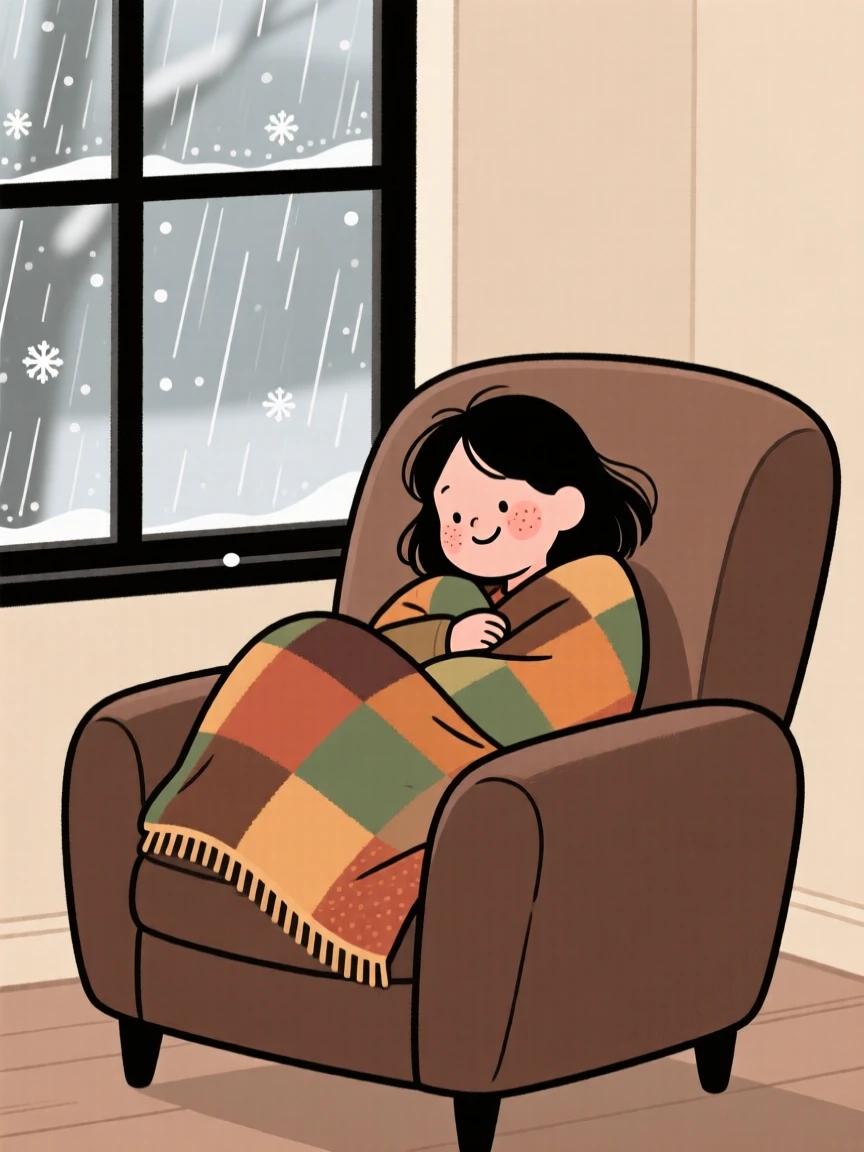 A young woman curls up in a overstuffed armchair beside a rain-streaked window, wrapped in a patchwork blanket while watching snow fall outside.