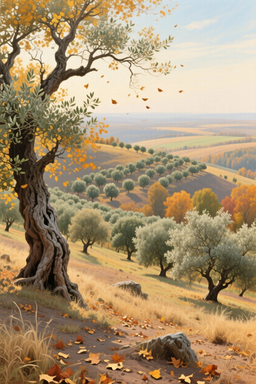A panoramic view of an ancient olive grove on a sun-drenched hillside, in the Russian countryside, as autumn leaves turn gold, in a soft summer breeze.