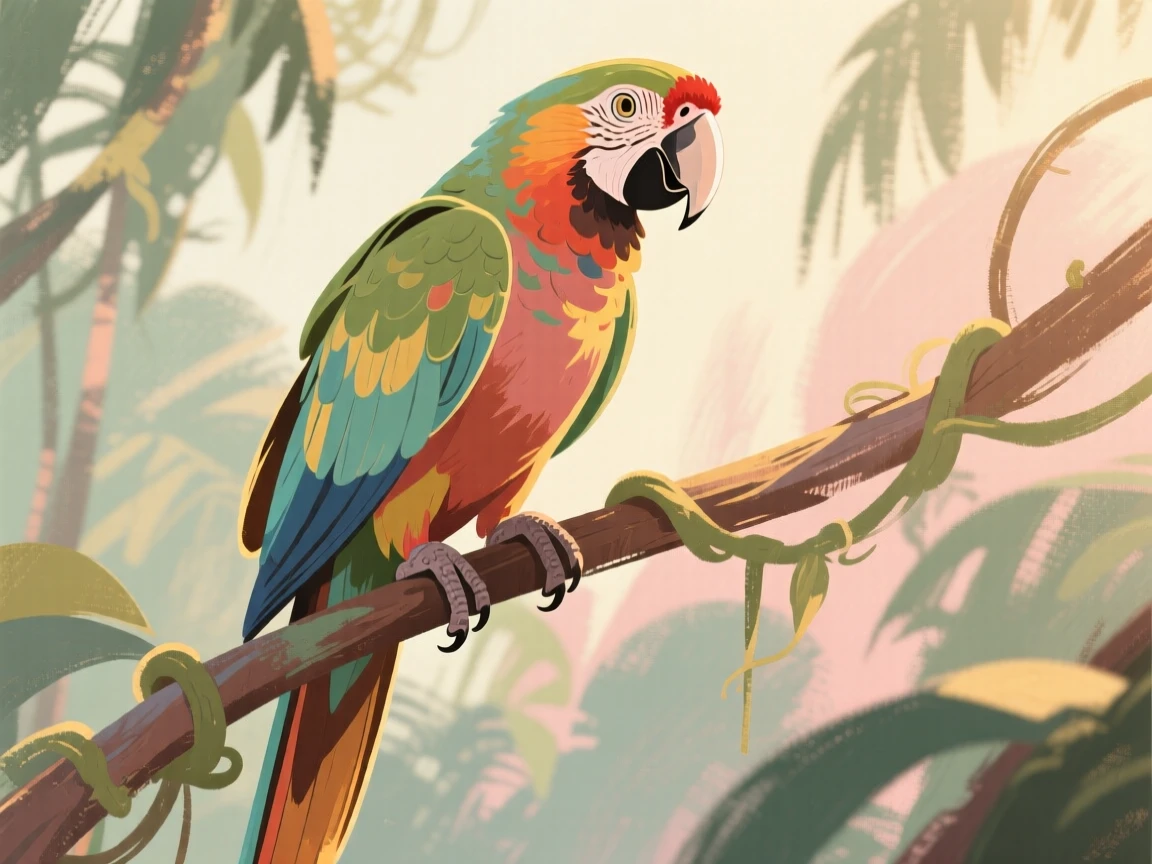 A colorful macaw perched on a jungle vine