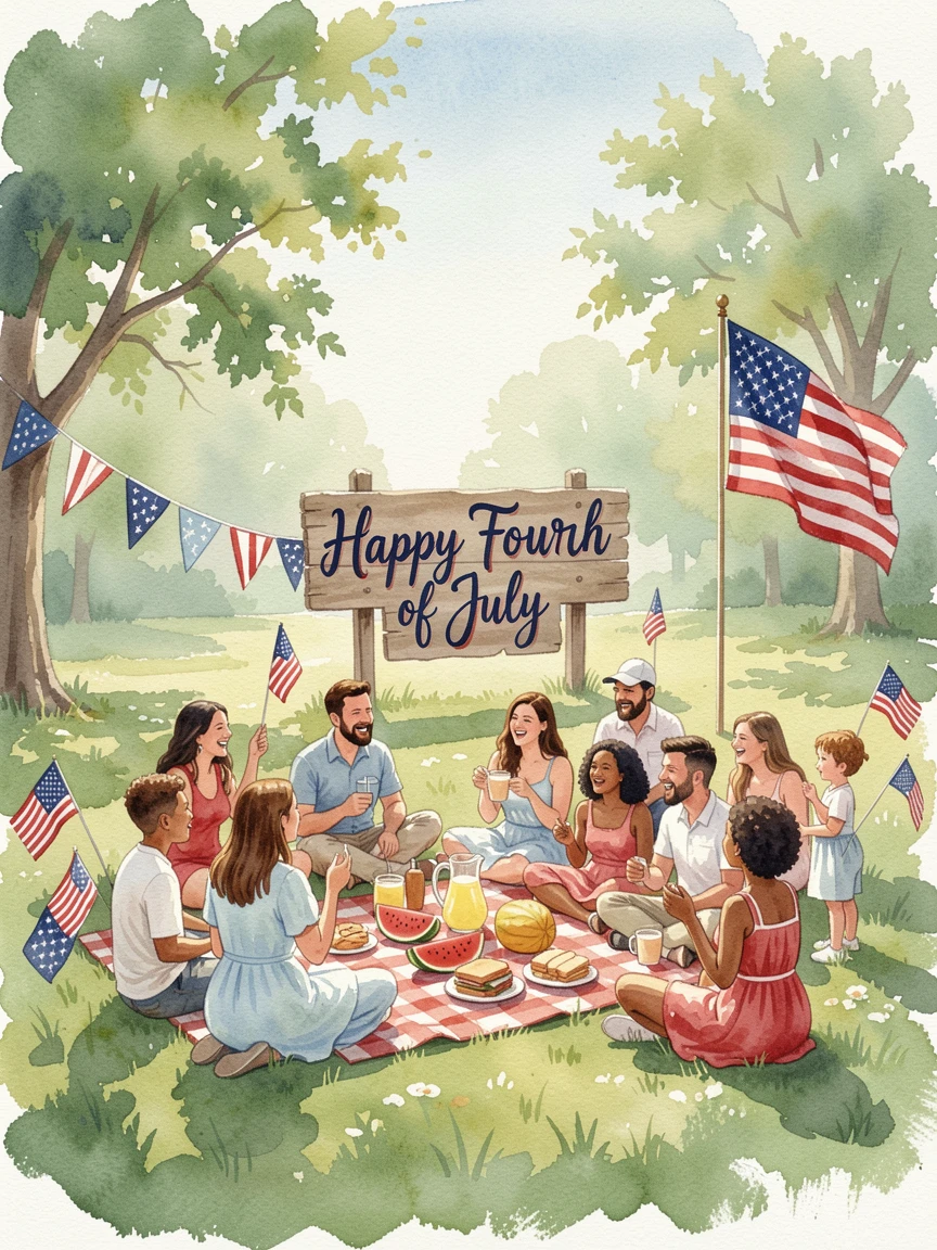 A Fourth of July picnic with flags and bunting surrounded by joyful family and friends.