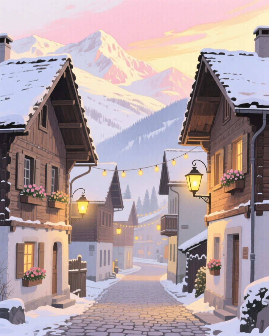 A picturesque view of a Swiss alpine village with lanterns strung between old buildings, under a soft sunrise