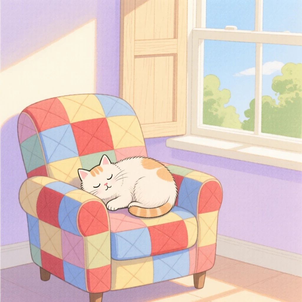 A peaceful view of a cat curled up on a quilted armchair by a window.