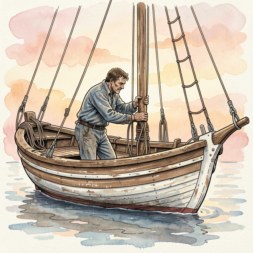 A sailor adjusting the rigging on a small wooden boat at dawn, small details revealing years of practiced dedication.