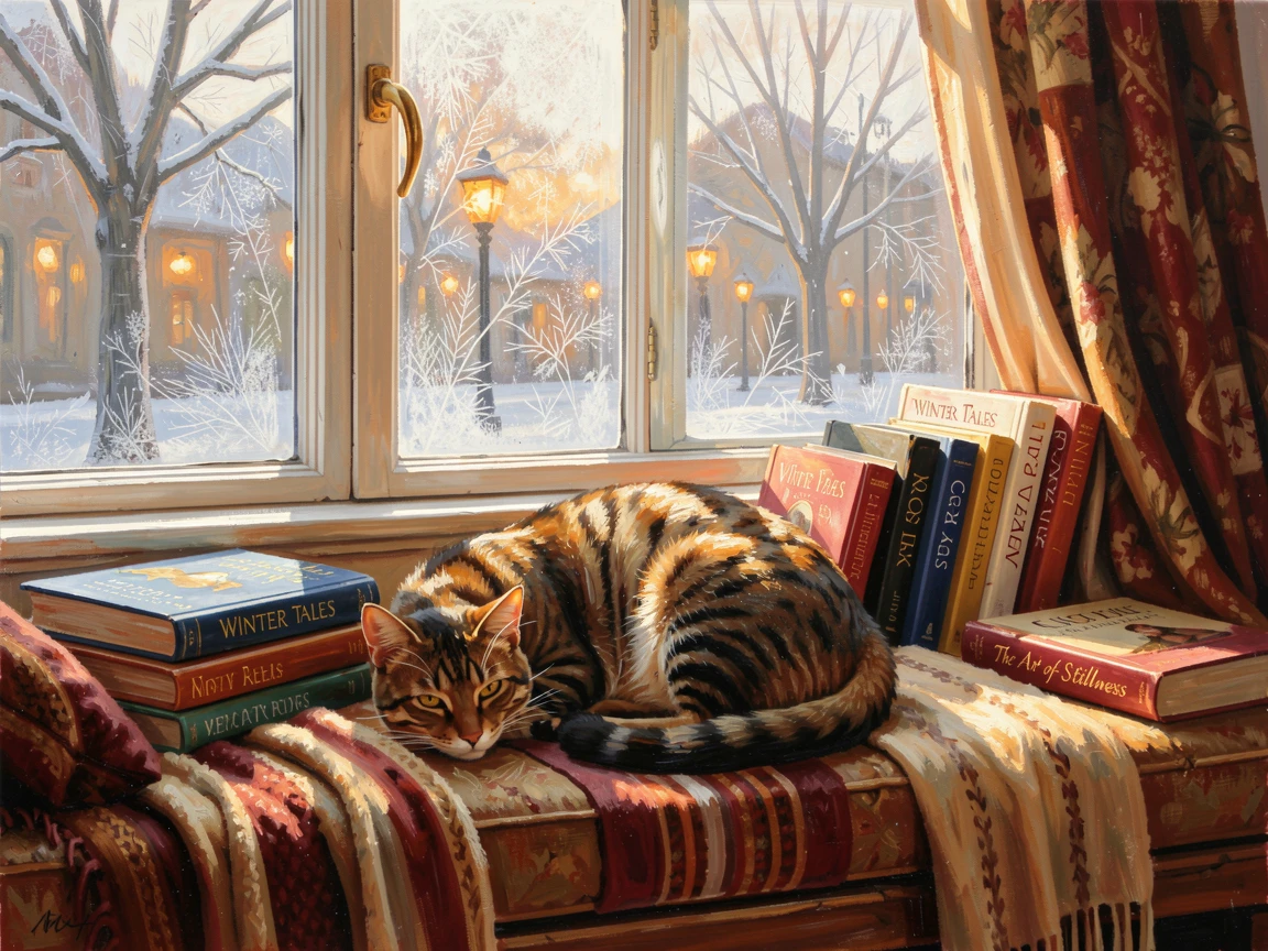 A sunlit reading nook filled with stacked books, beside a frosted window overlooking a quiet street, a cat curled contentedly on a cushion, during a cozy winter evening.