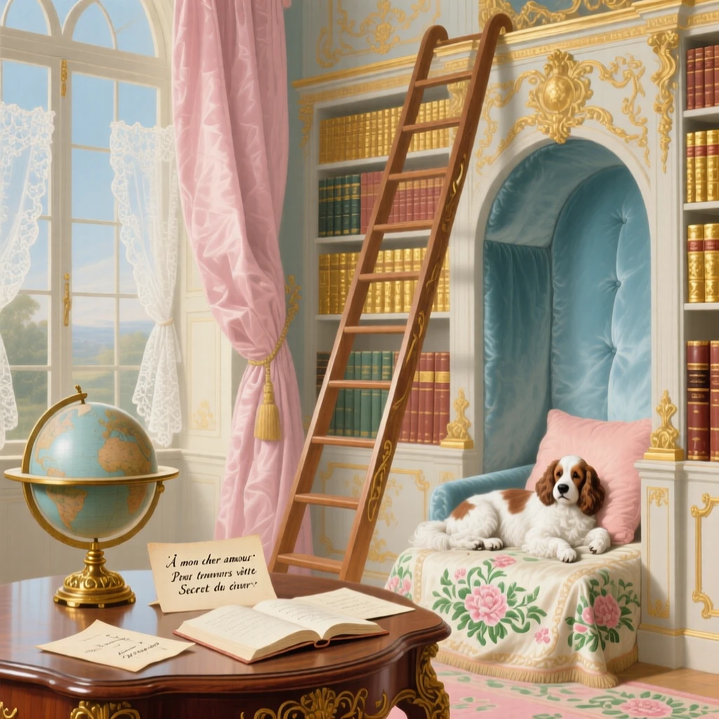 A royal library with a ladder, globe, open letters, and a sleeping dog  