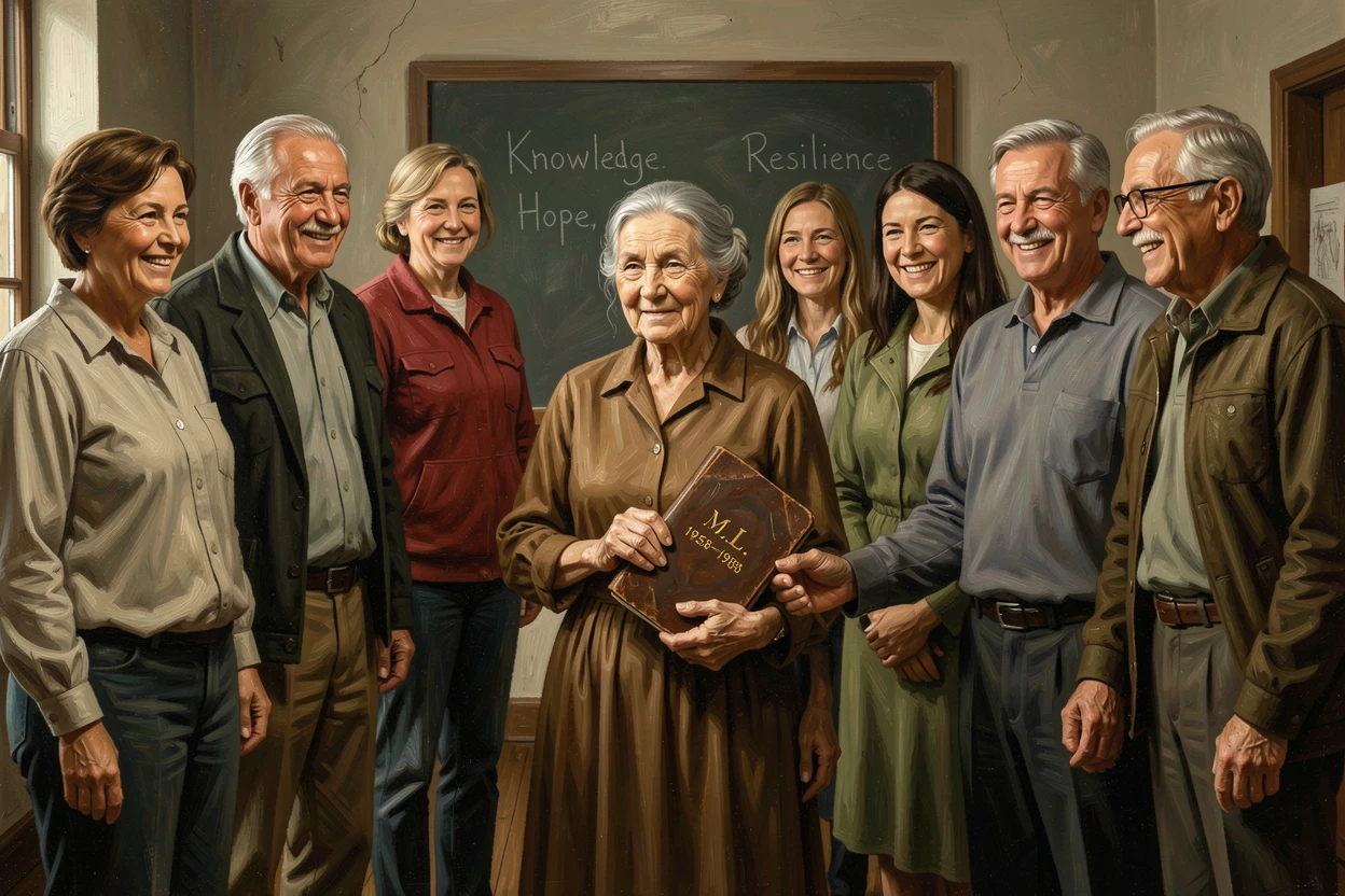 A retired teacher receiving a surprise reunion from decades of former students, as a single meaningful gesture captures the heart of the moment, capturing a powerful moment of hope, resilience, and human triumph