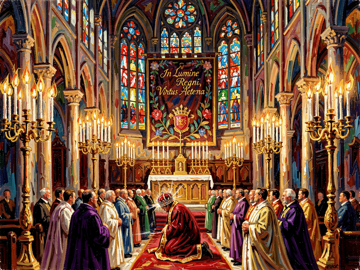 A grand coronation ceremony inside a candlelit cathedral, crowns gleaming under stained glass.