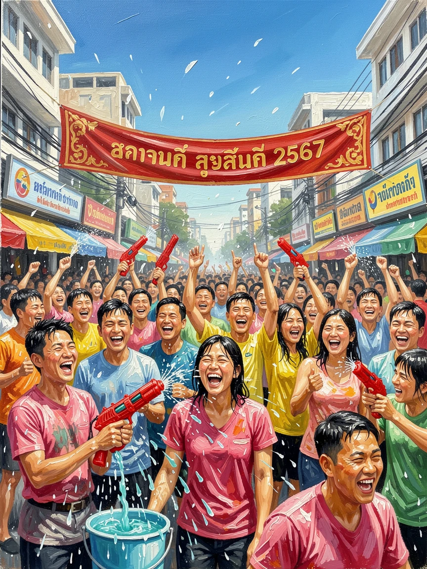 A colorful Songkran water festival fills a Bangkok street with laughing crowds splashing water beneath a brilliant blue sky, the surrounding crowd adding energy and movement to the edges of the composition.