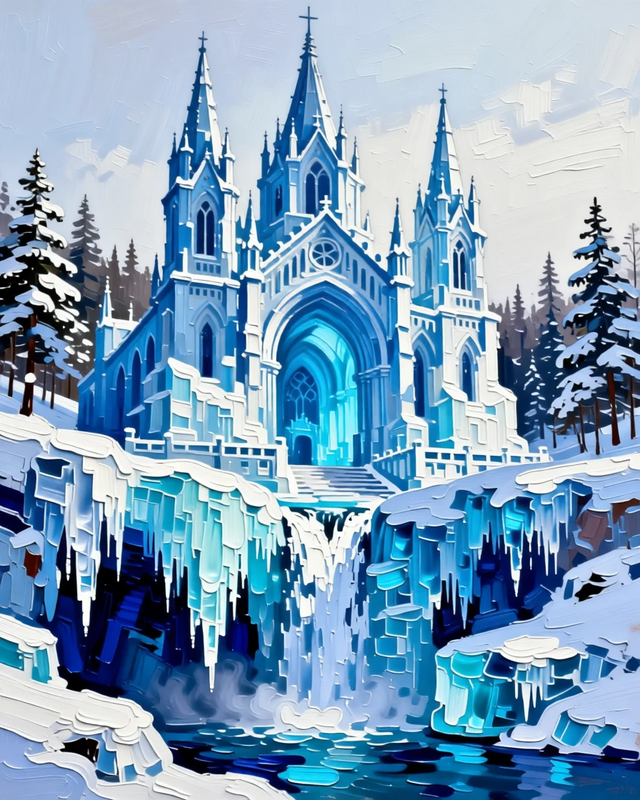 A frozen waterfall transformed into a cathedral of blue and white ice