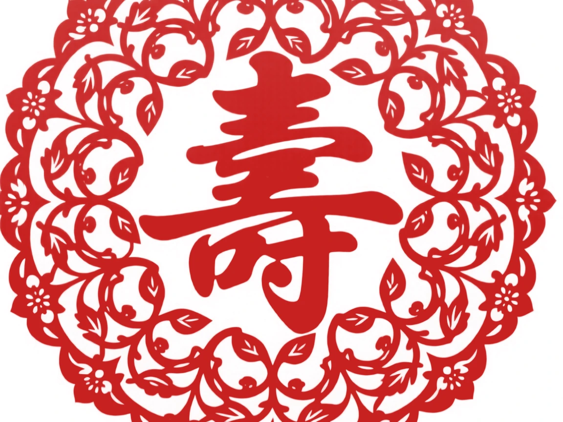 A design of a radial mandala featuring scrolling vines framing a central shou character, radiating outward from a central focal point.