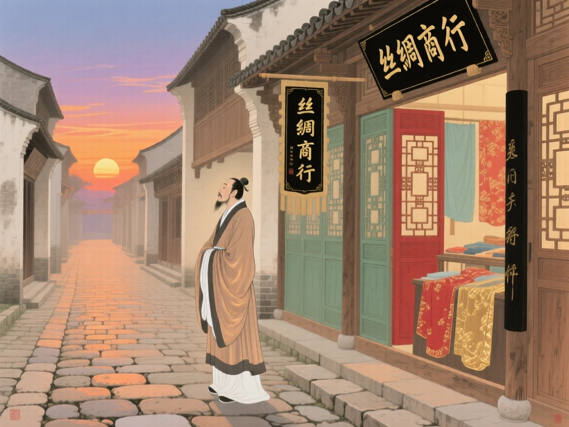 A silk trader watching the sunset in quiet reflection along a cobblestone street lined with shops