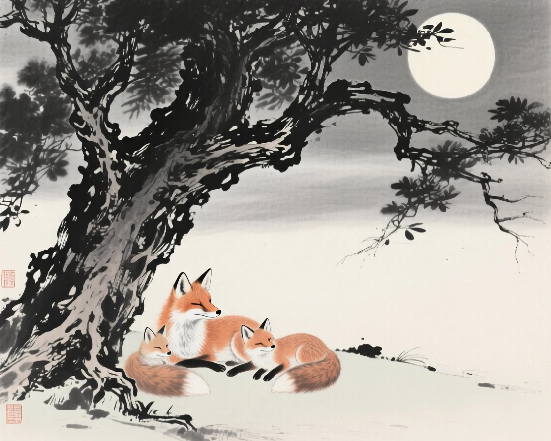 A family of foxes resting beneath a gnarled old tree in a moonlit clearing, positioned off-center, leaving space for the quiet landscape around it, capturing a fleeting, tender moment of wild life.